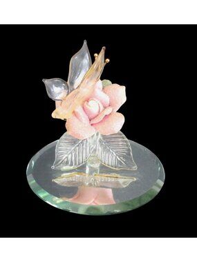 Glass Baron Butterfly & Pink Rose Figurine On Round Mirror Base 2" tall